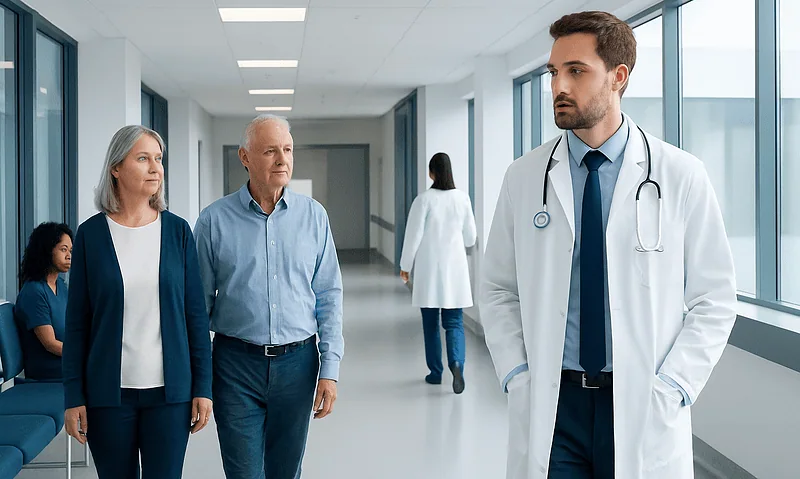 Stroke Risk During Heart Bypass Surgery: Screening, Prevention, and Recovery 13 Doctor consulting elderly patients in hospital corridor.