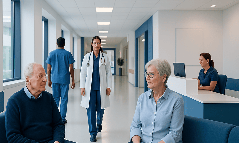 Lewy Body Dementia: Hallucinations, Parkinsonism, and Sleep Symptoms 5 Patients waiting in a hospital corridor with medical staff nearby.