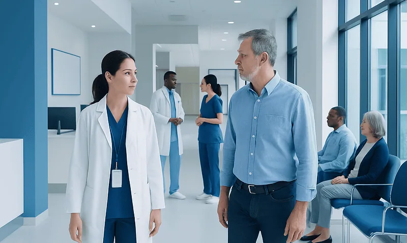 Doctor and patient having a consultation in a hospital corridor.