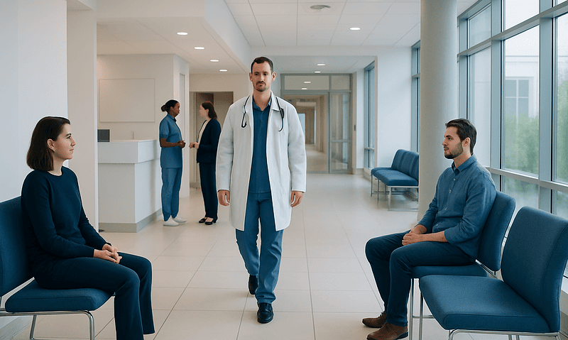 Doctor consulting male and female patients in hospital waiting area.