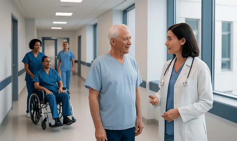 Dental Clearance Before Heart Bypass Surgery: Reducing Infection Risk 12 Hospital staff and patients in a modern healthcare corridor.