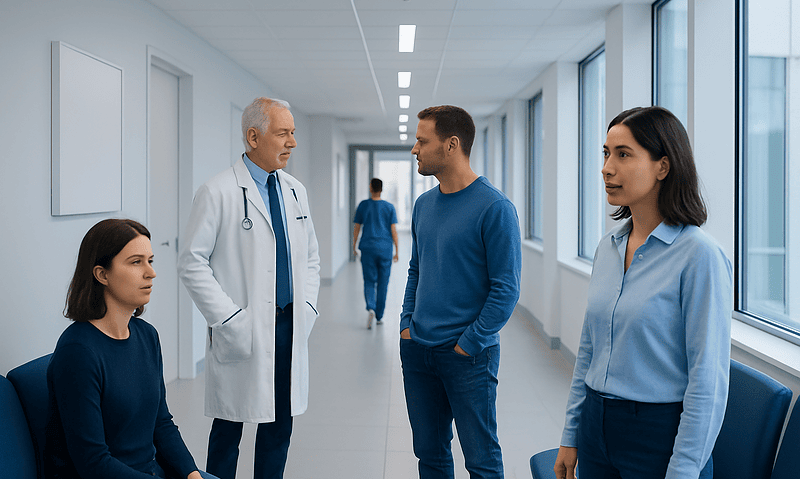 Medical consultation in hospital corridor with doctor and patients.