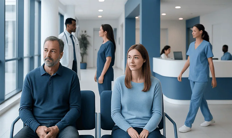 Patients waiting in a modern hospital reception area with medical staff nearby.