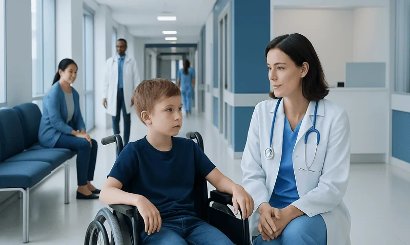 Childhood Muscle Weakness: When Neuropediatric Testing Is Needed 14 Pediatric neurologist consulting a boy in wheelchair at hospital.