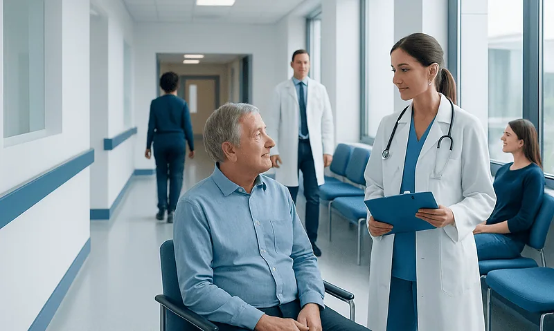 Doctor consulting with senior male patient in hospital corridor.