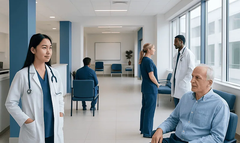 Pleural Effusion After Heart Bypass Surgery: Shortness of Breath and Treatment 11 Hospital doctors and patient in a modern medical waiting area.