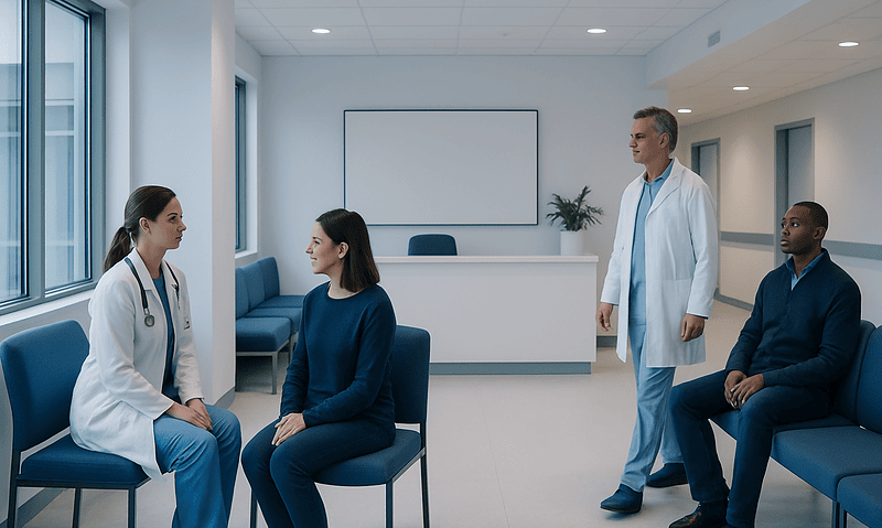 Flow Diverter Stents for Brain Aneurysms: Candidates, Benefits, and Risks 4 Medical consultation in a modern hospital waiting area with healthcare professionals and patients.
