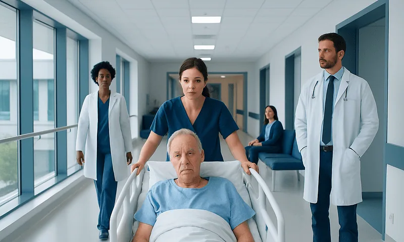 Hospital staff caring for a patient after heart bypass surgery in a modern hospital corridor.
