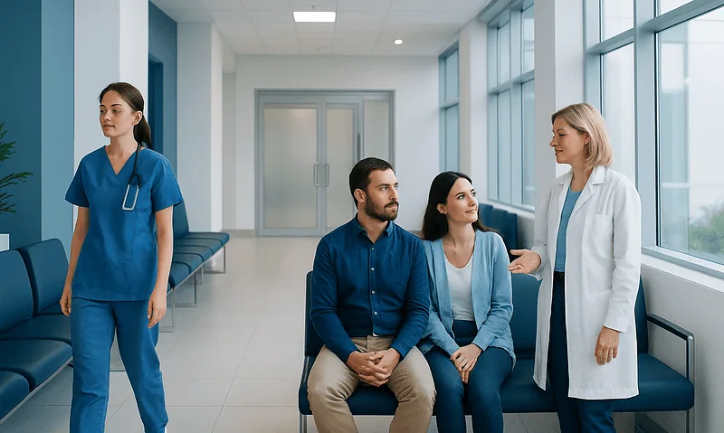 Patients waiting in a hospital corridor with medical staff nearby.