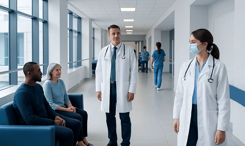Cerebral Aneurysm Flow Diversion: Stent Treatment, Risks, and Follow-Up 3 Medical team consulting with patients in hospital corridor.
