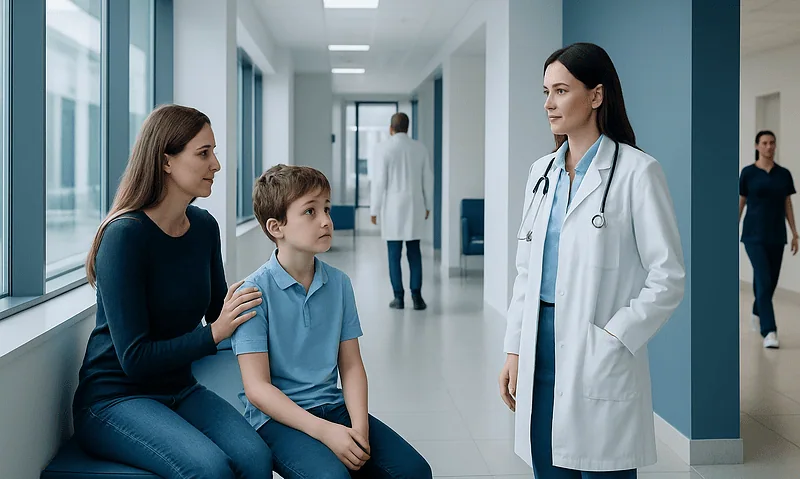 Doctor consulting with a young boy and his mother in a hospital corridor.
