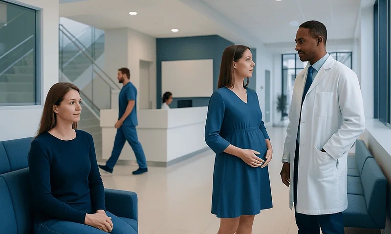Pregnant woman consulting with doctor in hospital lobby.