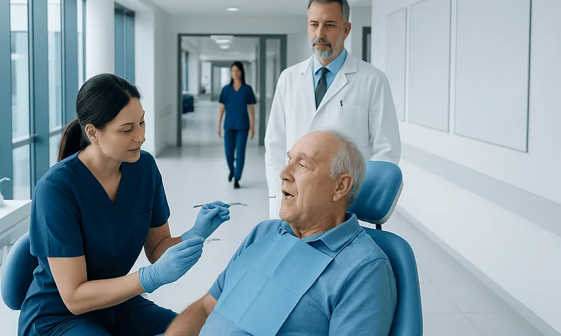 Elderly man receiving dental checkup in hospital corridor.