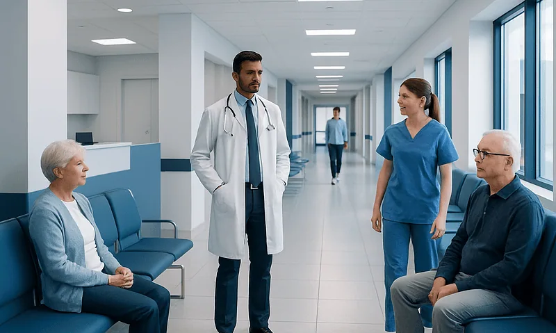Medical team consulting with patients in hospital corridor.