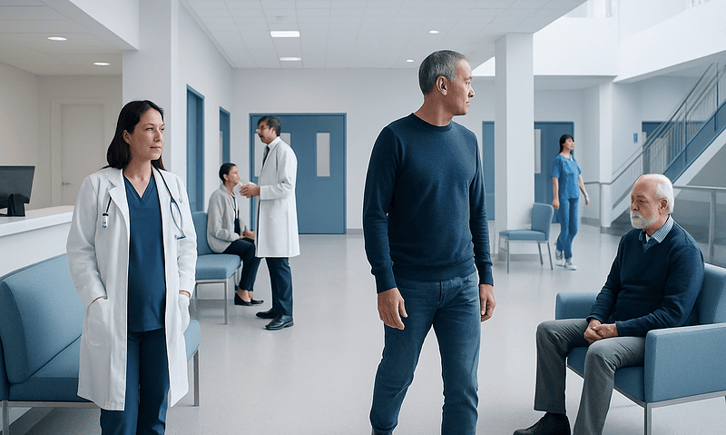 Endometrial Receptivity Testing in IVF: When Transfer Timing Is Reviewed 5 Patients and medical staff in a modern hospital waiting area.
