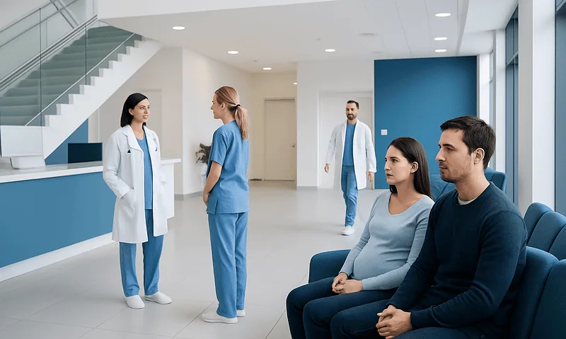 Medical consultation in a modern hospital lobby with healthcare professionals and patients.