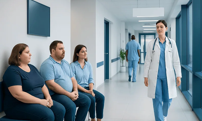 Patients waiting in a hospital corridor for consultation or treatment.
