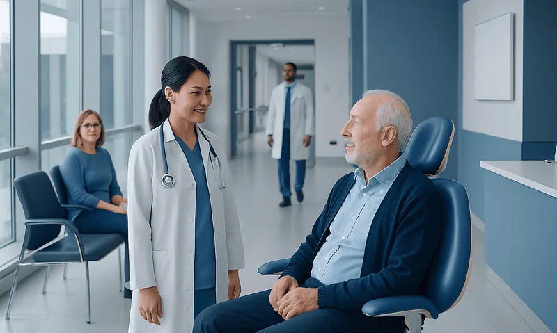 Healthcare professional consulting a senior patient in a hospital corridor.