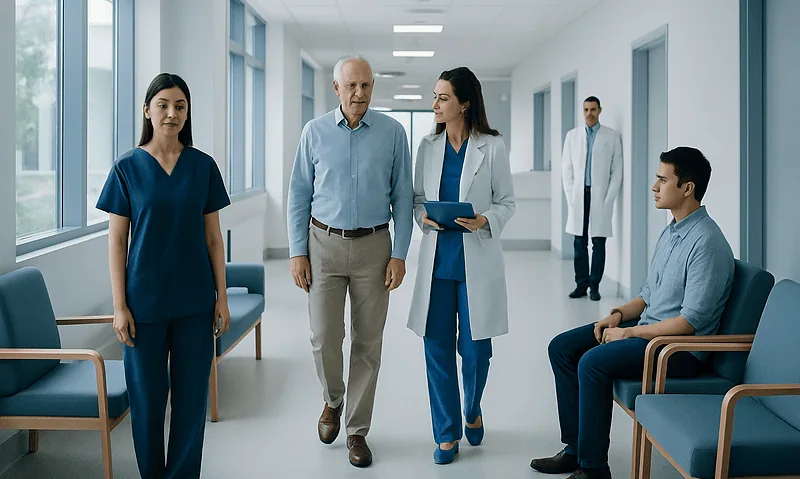 Intracranial Atherosclerosis: Stroke Risk, Imaging, and Endovascular Options 2 Medical team consulting in hospital corridor with patient.