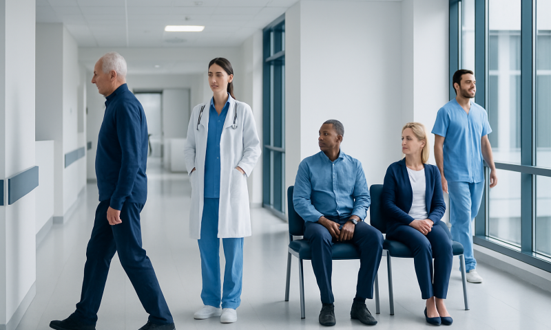 Patients waiting in a hospital corridor with medical staff nearby.