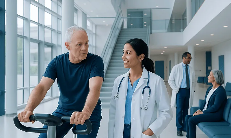 Cardiac Prehabilitation Before CABG: Exercise, Breathing, and Risk Reduction 10 Senior patient exercising with medical staff in hospital lobby.