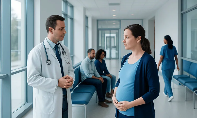 Doctor and pregnant woman talking in hospital corridor.