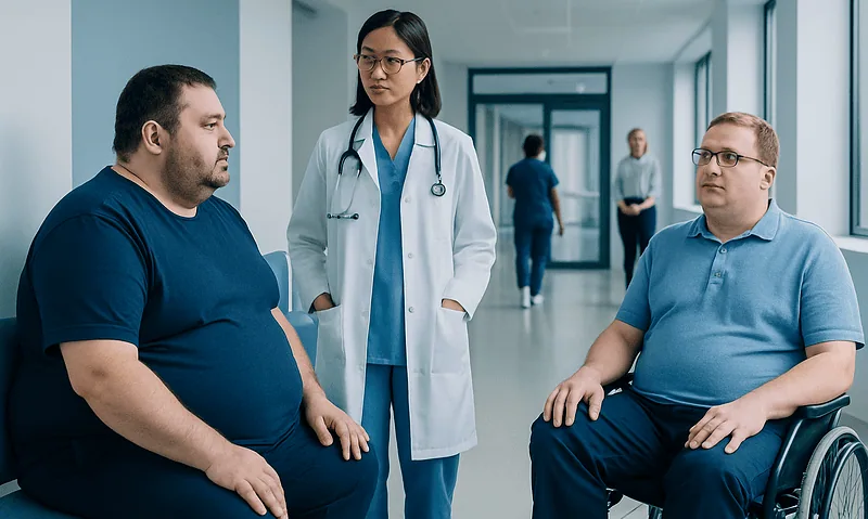 Doctor consulting with two overweight male patients in hospital corridor.