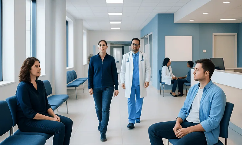 Medical consultation in a hospital waiting area with patients and doctors.
