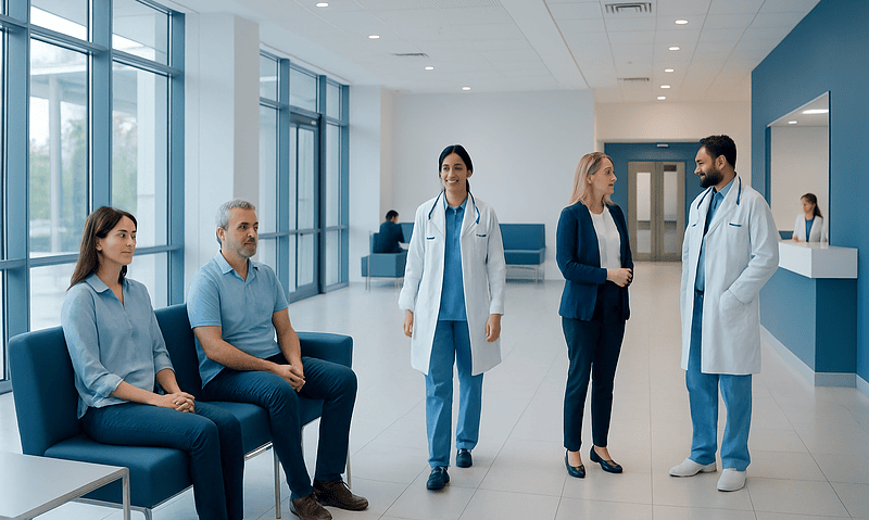 Medical team and patients in a modern hospital lobby.