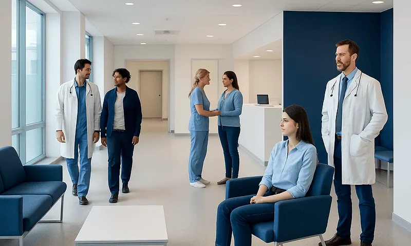 Medical team and patient in a modern hospital corridor.