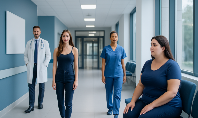Medical professionals and patient in hospital corridor at Acibadem Hospitals Group.