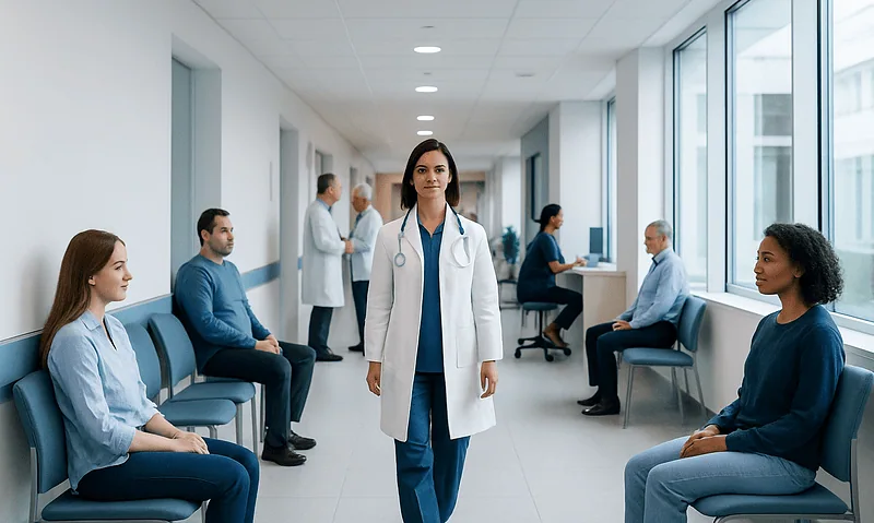 Medical professional in hospital corridor with patients and staff.