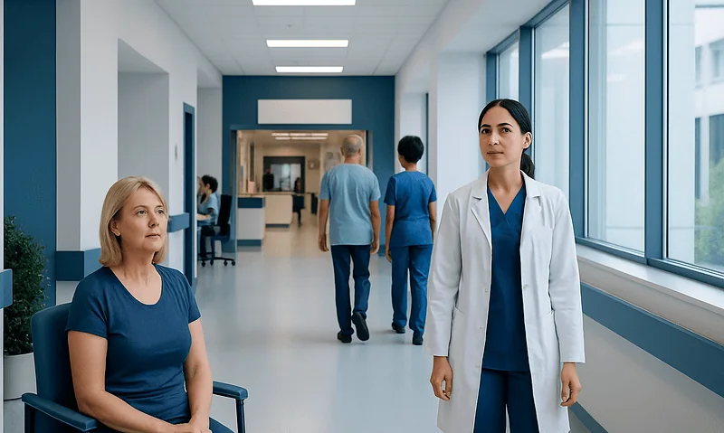Hospital corridor with patients and medical staff during a check-up.