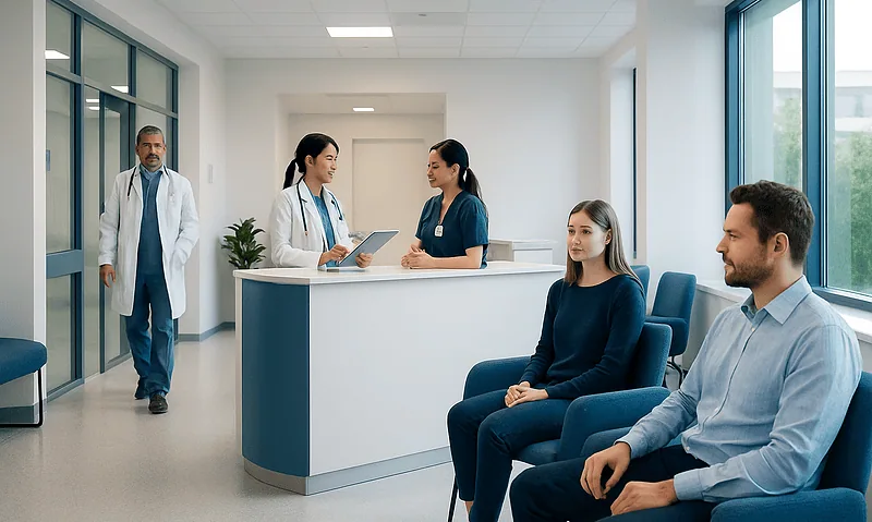 Patients waiting in a modern hospital reception area with medical staff nearby.