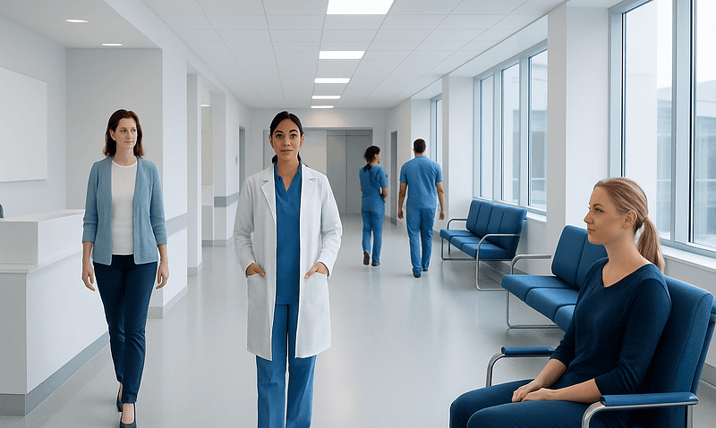 Modern hospital corridor with medical staff and patients.