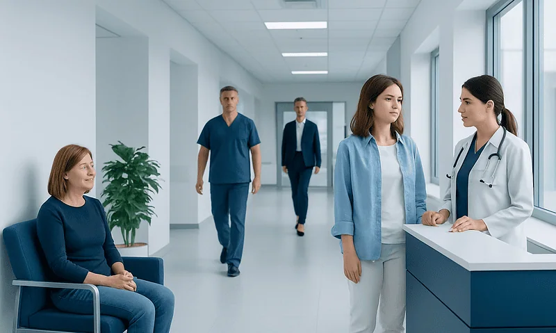 Medical staff and patient in a modern hospital corridor.