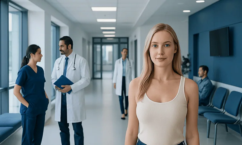 Young woman in hospital corridor with medical staff and patients.