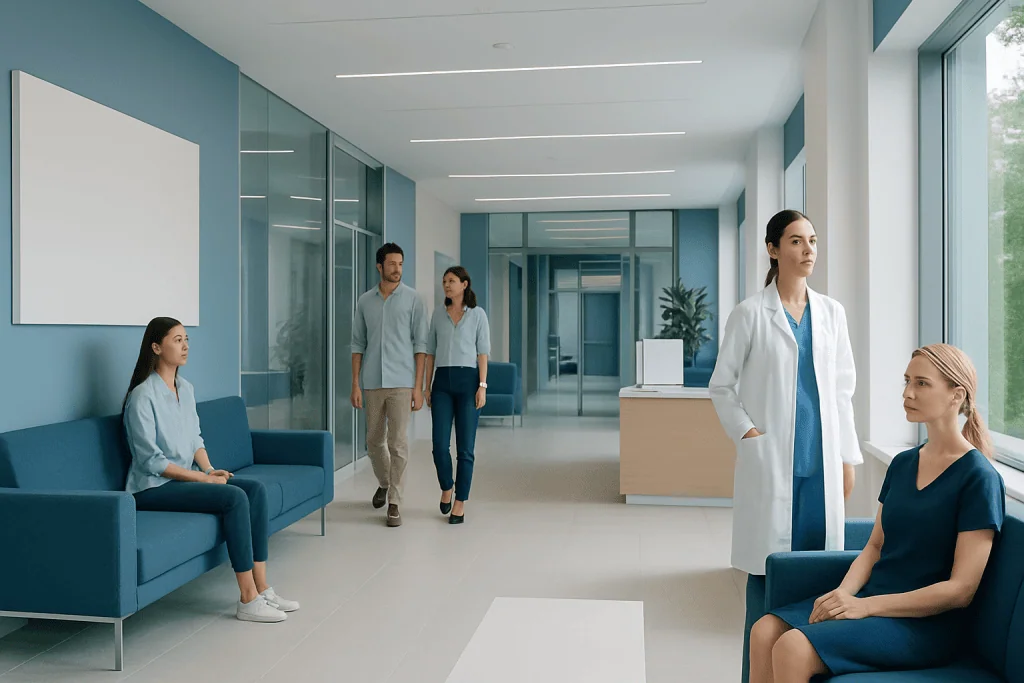 What Does Aesthetic Mean in Plastic Surgery? 1 Modern hospital waiting area with patients and medical staff.
