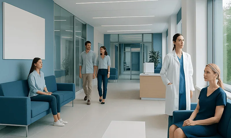 Modern hospital waiting area with patients and medical staff.