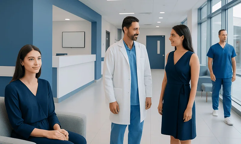 Medical team at Acibadem Hospital engaging with a patient in a modern facility.