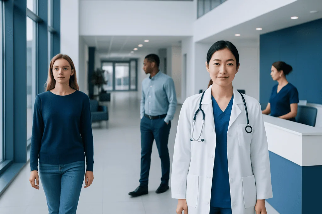 How to Choose the Right Plastic Surgeon 1 Medical staff and patient in a modern hospital corridor.