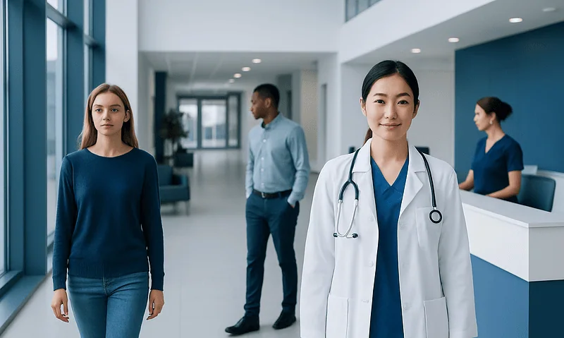 Medical staff and patient in a modern hospital corridor.
