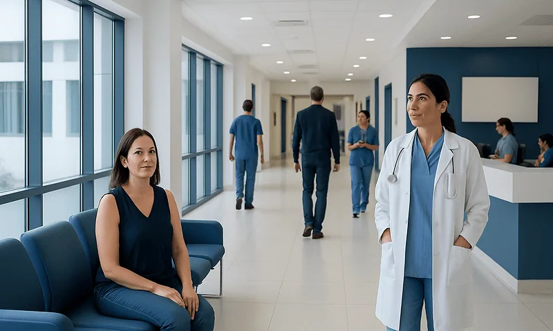 Medical staff and patient in a modern hospital corridor.
