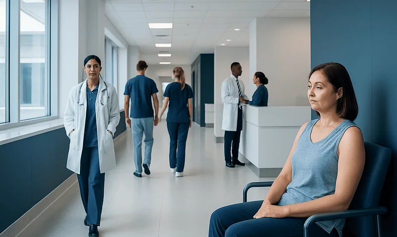 Patient waiting in hospital corridor with medical staff nearby.