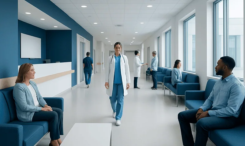 Modern hospital corridor with medical staff and patients waiting.