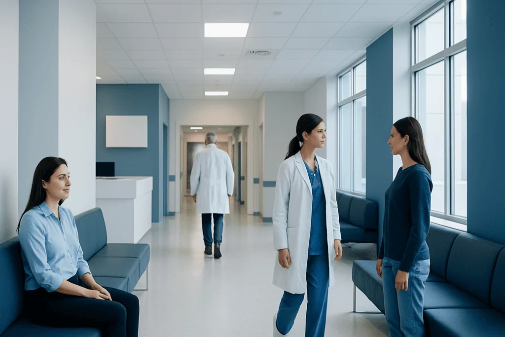 Cheek Augmentation: Implants vs Fat Transfer for Facial Volume 1 Medical professionals and patient in a hospital corridor at Acibadem Hospitals Group.
