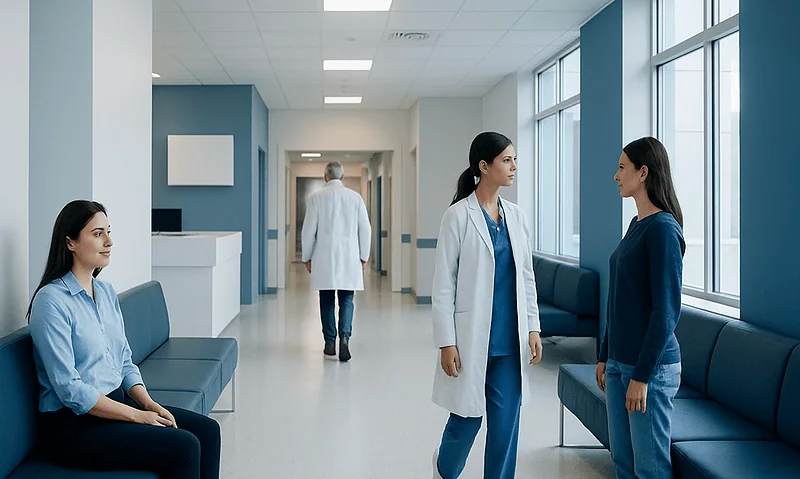 Medical professionals and patient in a hospital corridor at Acibadem Hospitals Group.