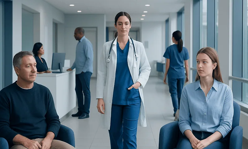 Medical professionals and patients in a hospital corridor.