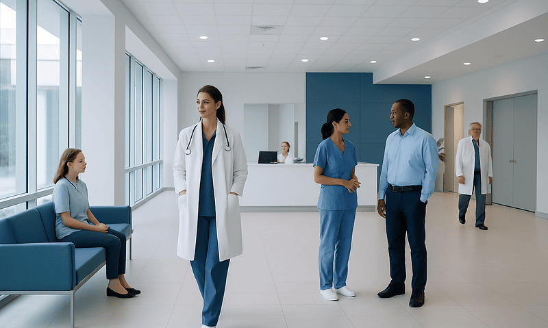 Modern hospital lobby with medical staff and patient in a bright, clean environment.
