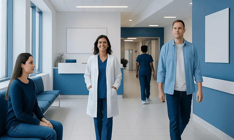 Medical staff and patient in a modern hospital corridor.